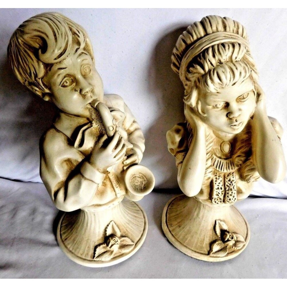 Vintage Busts Victorian Girl & Boy Playing Saxophone '71 Universal Statuary 10"